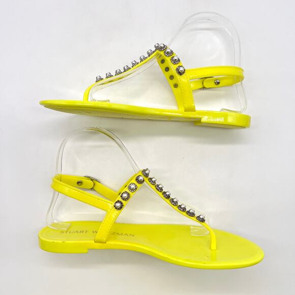 STUART WEITZMAN Goldie Pearl Crystal Jelly Sandals Womens 8 Neon Yellow T-strap - Picture 6 of 12